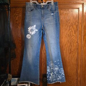 HANDCRAFTED Upcycled Denim Jeans HANDPAINTED Bell Bottoms Floral Design Size 14